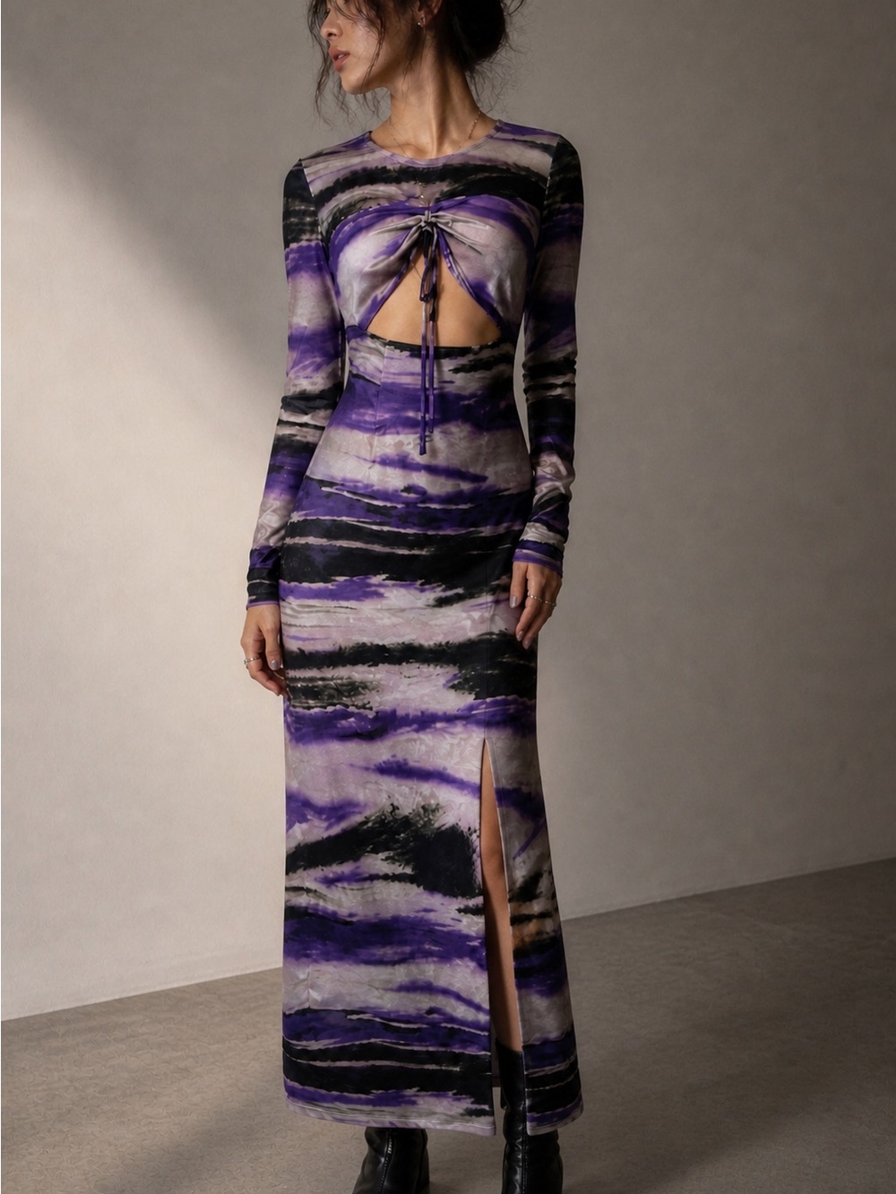 Tie-Front Purple Marble Maxi Dress with Side Slit